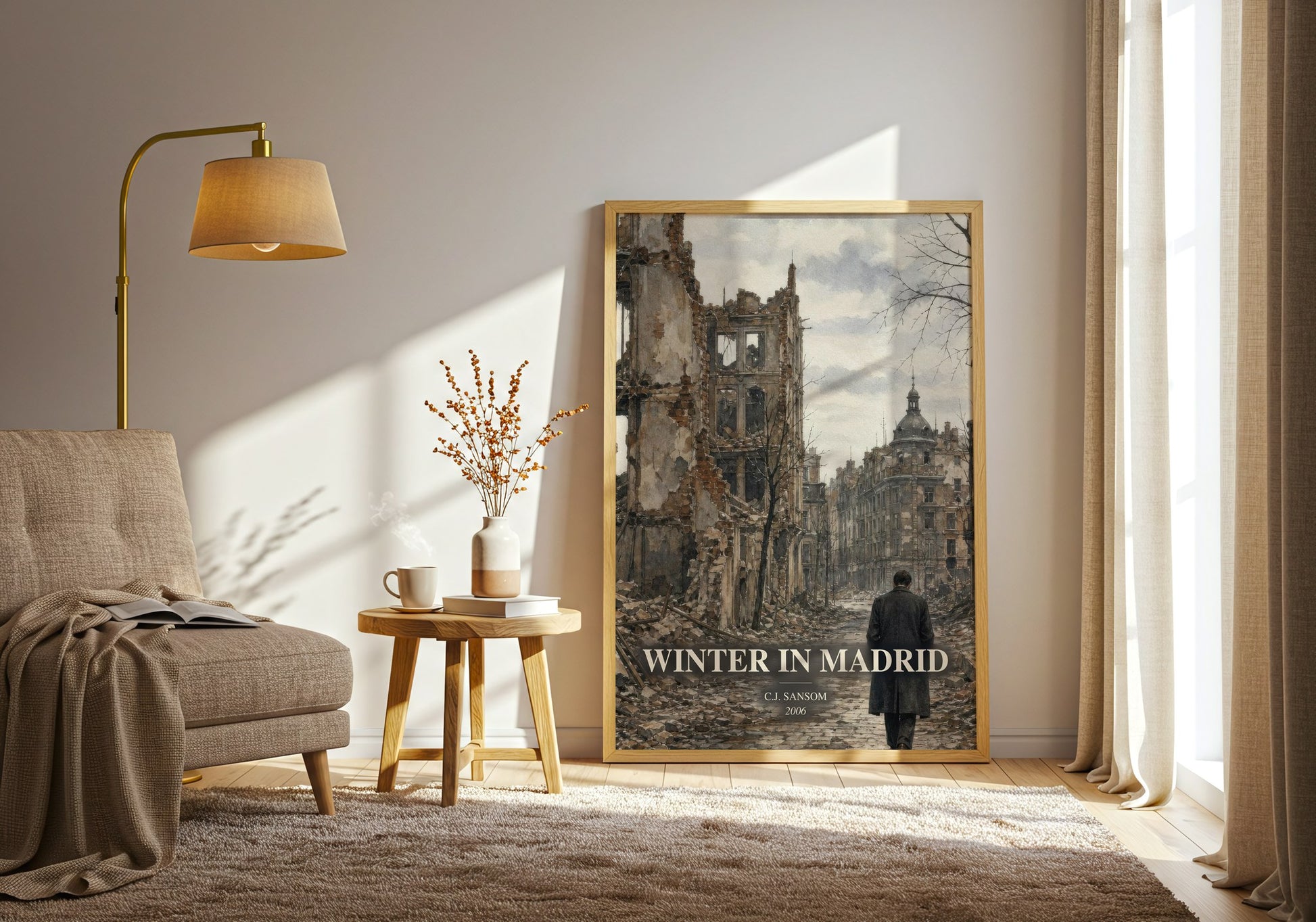Winter In Madrid watercolour print in frame leaning in hallway – historical fiction wall art