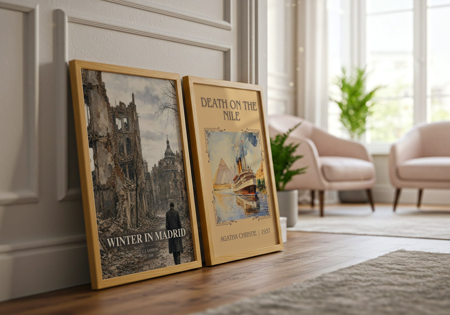Winter In Madrid watercolour print framed by window – literary home decor