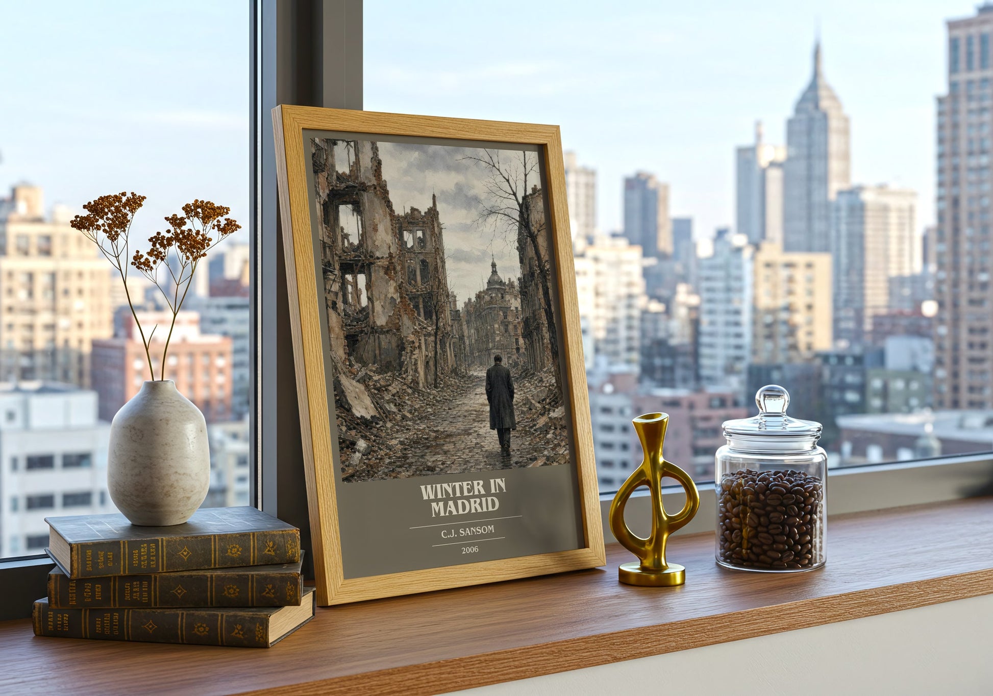 Winter In Madrid book cover print framed by window – literary home decor