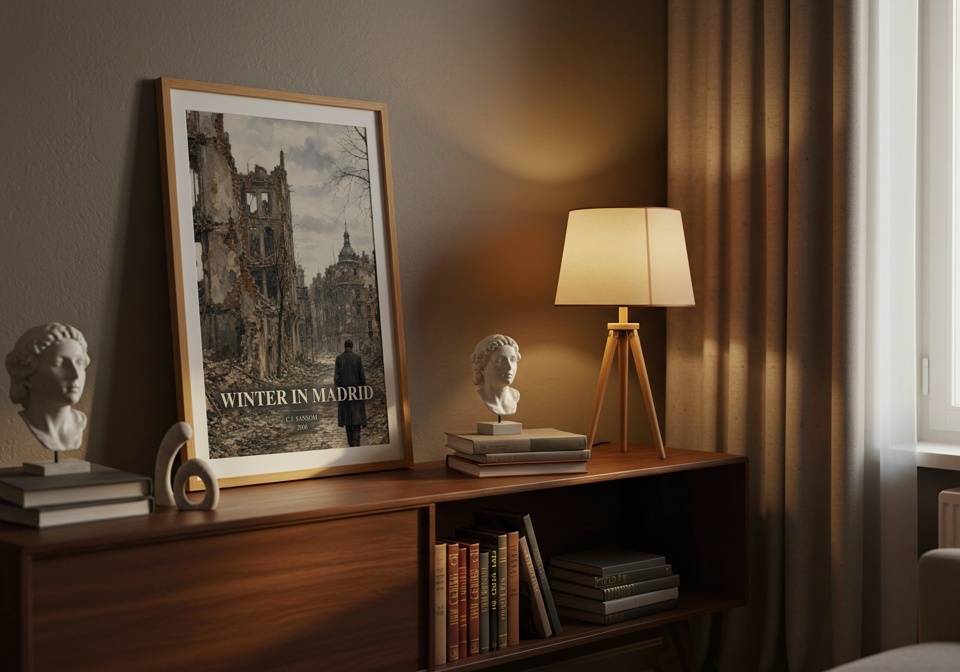 Winter In Madrid watercolour print on bookshelf – C.J. Sansom fan gift