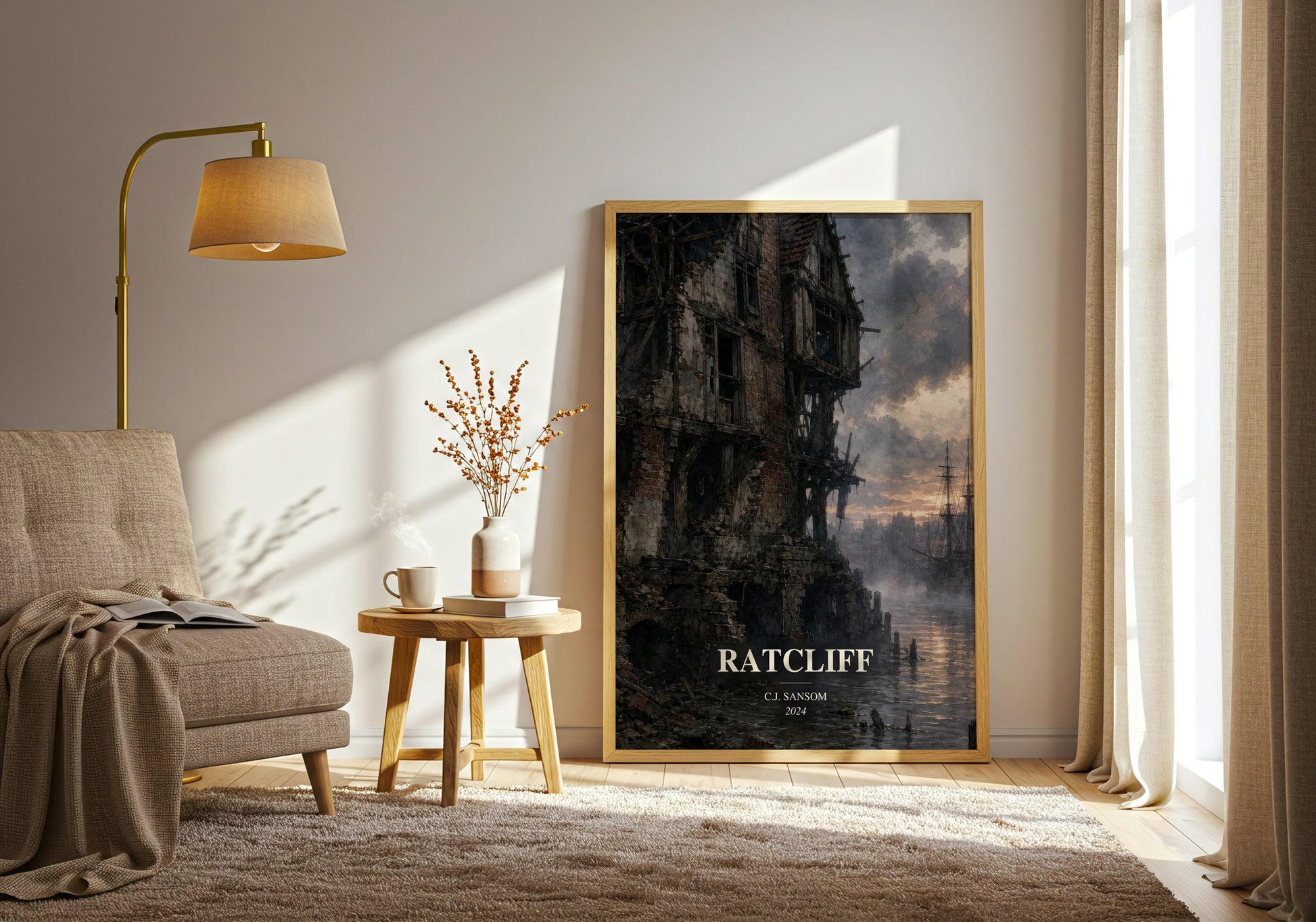 Ratcliff watercolour print in frame leaning in hallway – historical fiction wall art