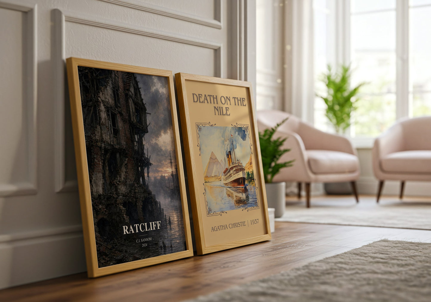 Ratcliff watercolour print framed by window – literary home decor