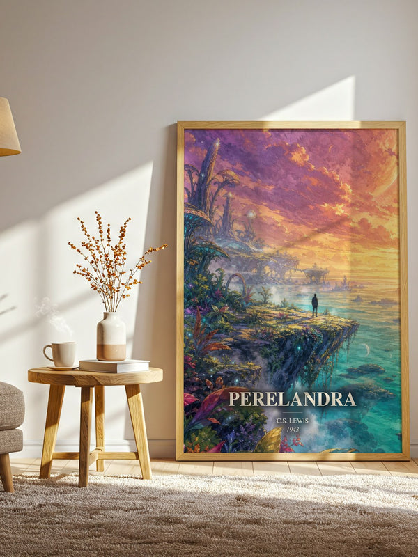 Perelandra watercolour print in frame leaning in hallway – sci fi wall art