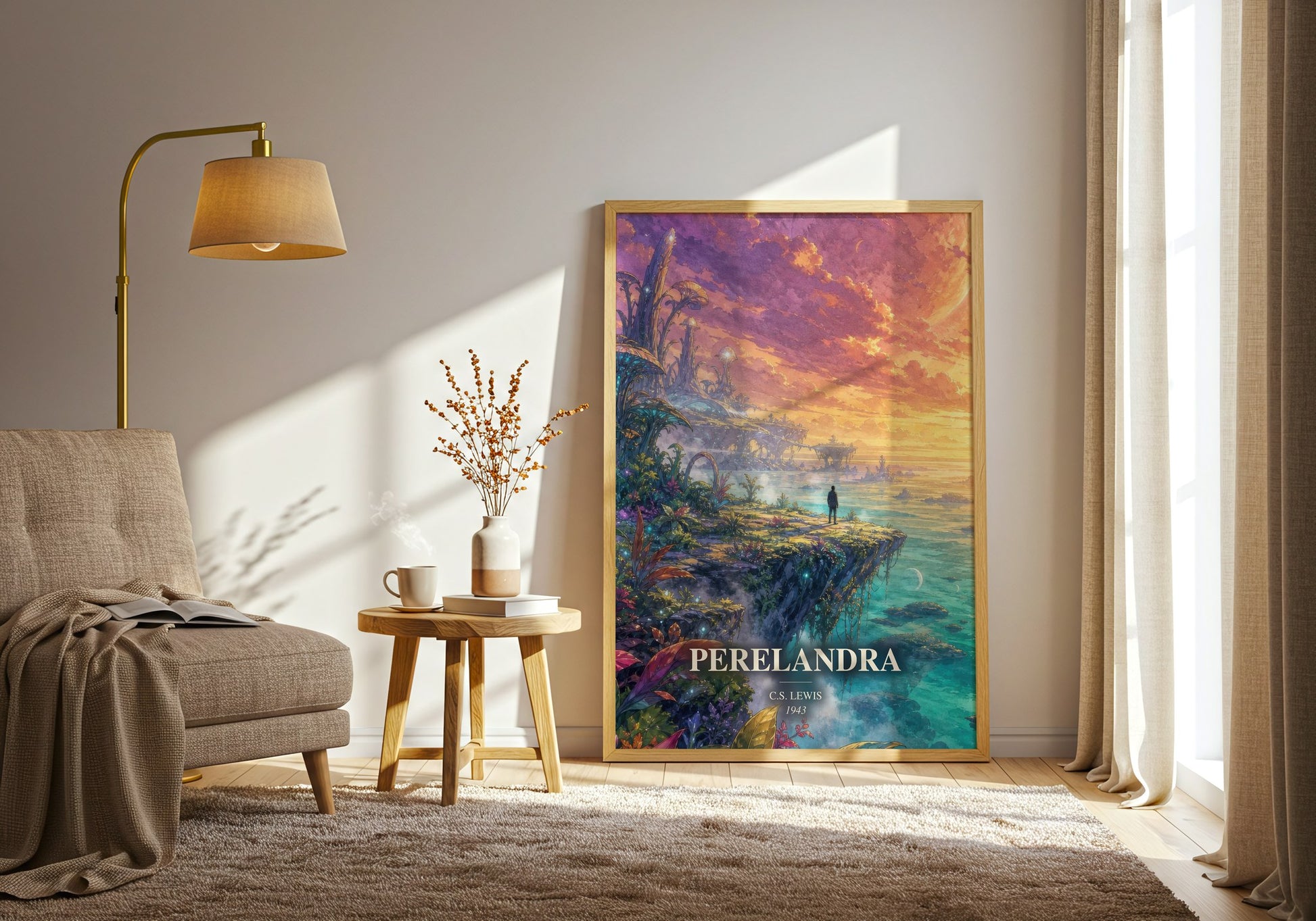 Perelandra watercolour print in frame leaning in hallway – sci fi wall art