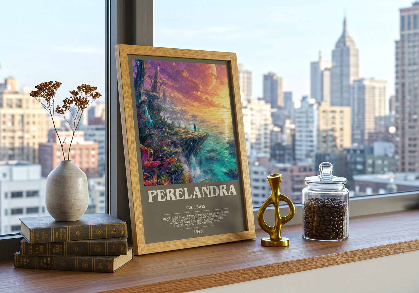 Perelandra bookish print framed by window – literary home decor