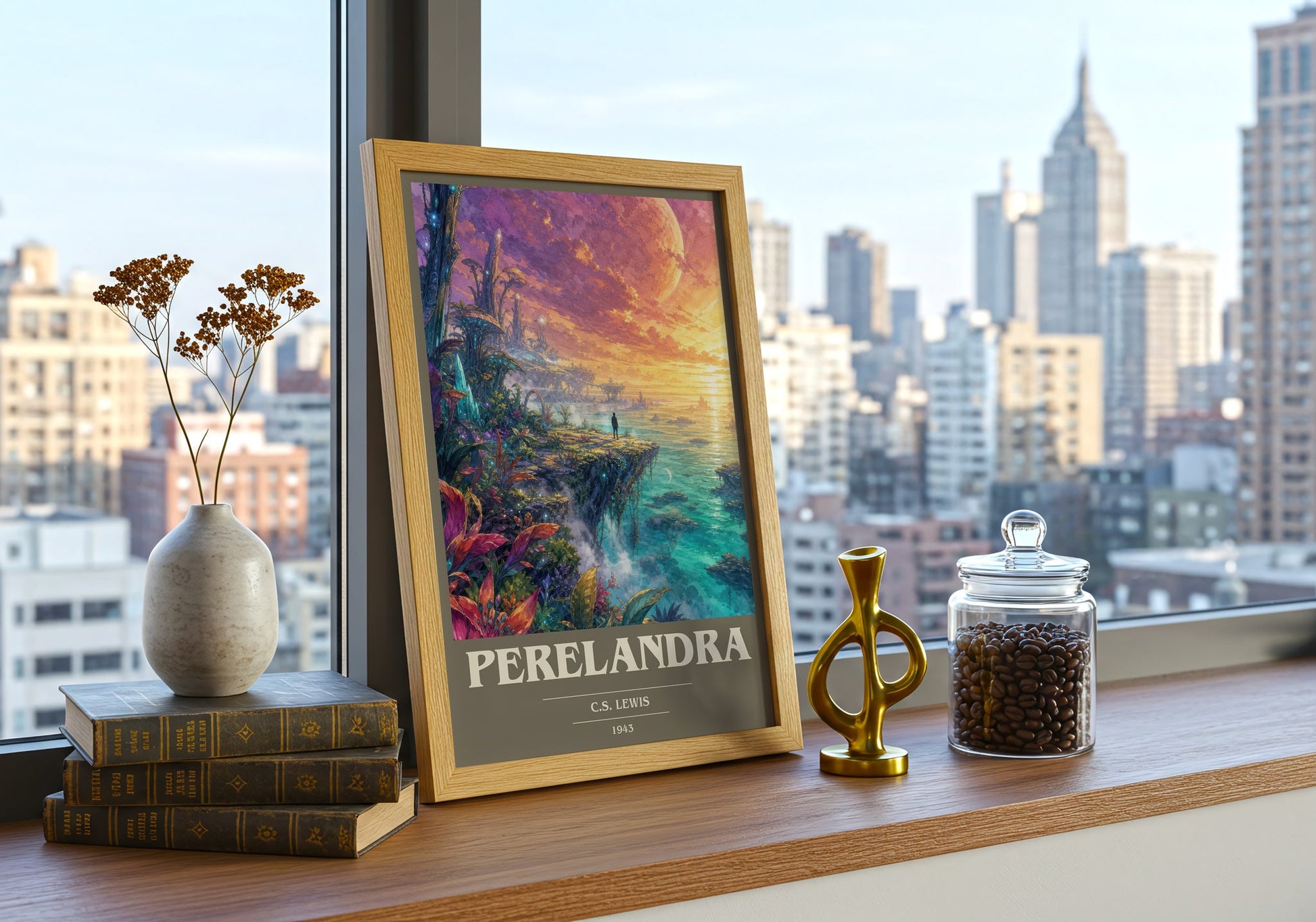Perelandra book cover print framed by window – literary home decor