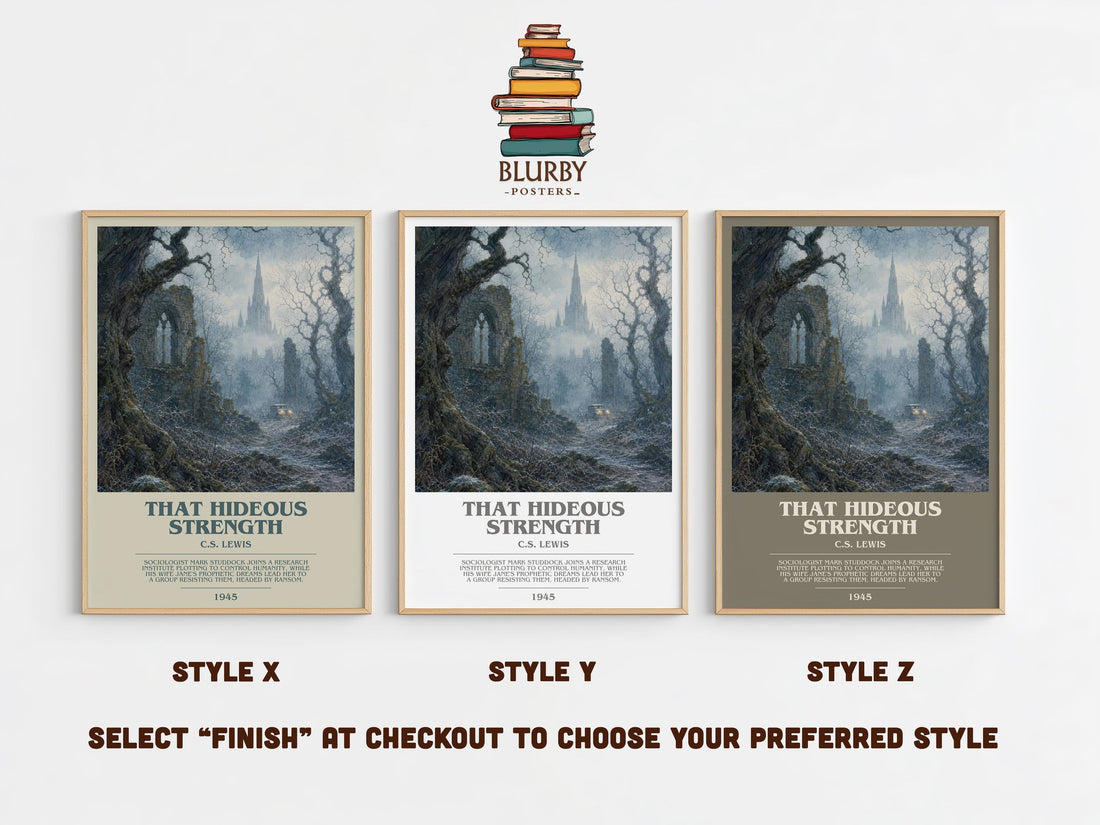 That Hideous Strength bookish print in frame leaning in hallway – sci fi wall art (mockup)