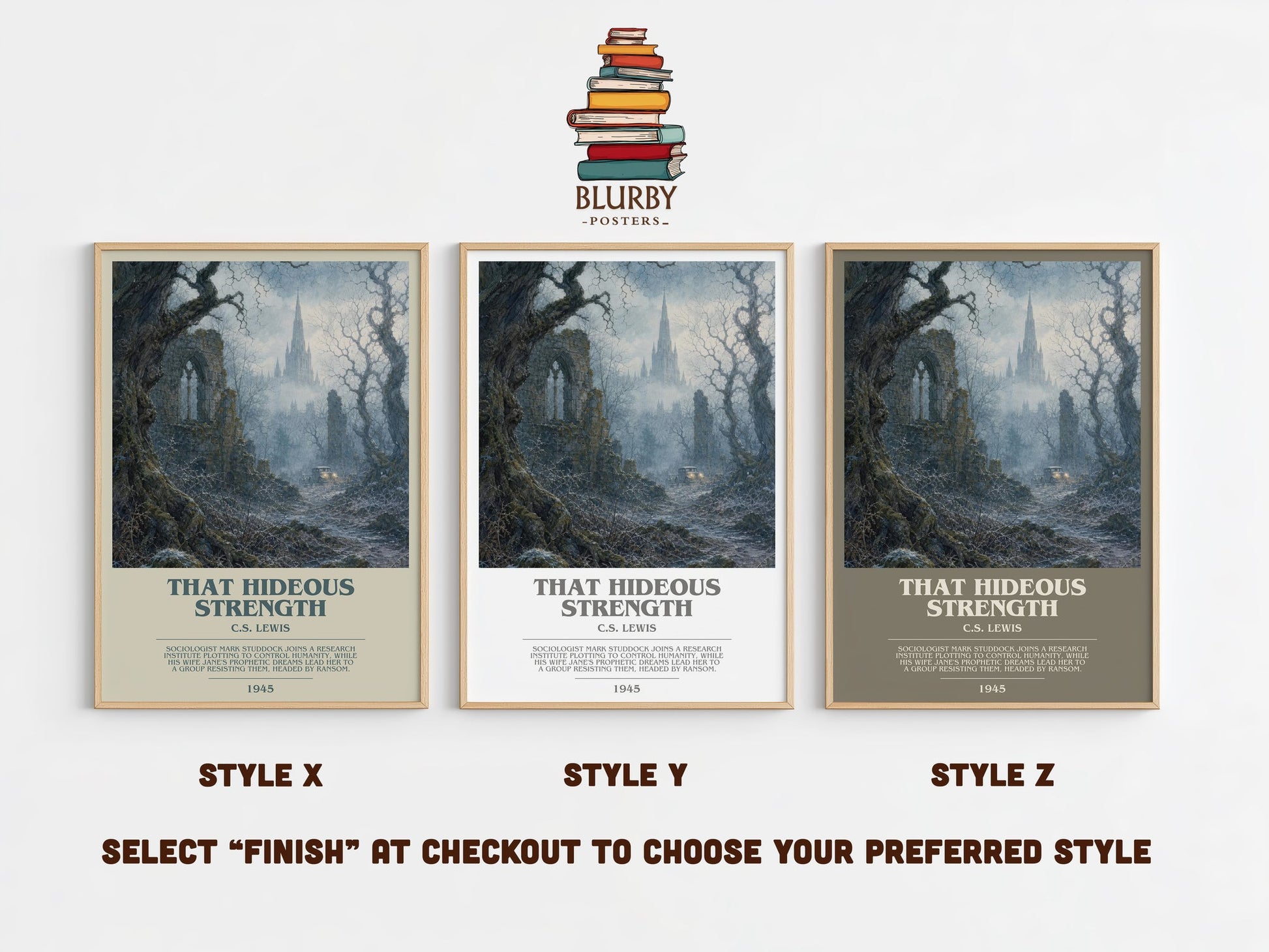 That Hideous Strength bookish print in frame leaning in hallway – sci fi wall art