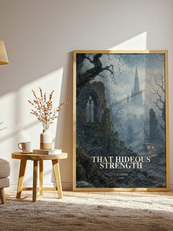 That Hideous Strength watercolour print in frame leaning in hallway – sci fi wall art