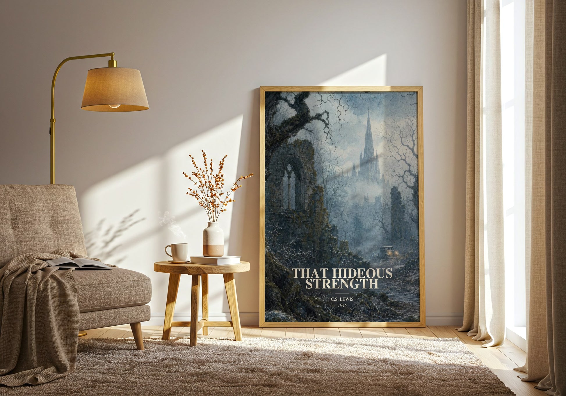 That Hideous Strength watercolour print in frame leaning in hallway – sci fi wall art