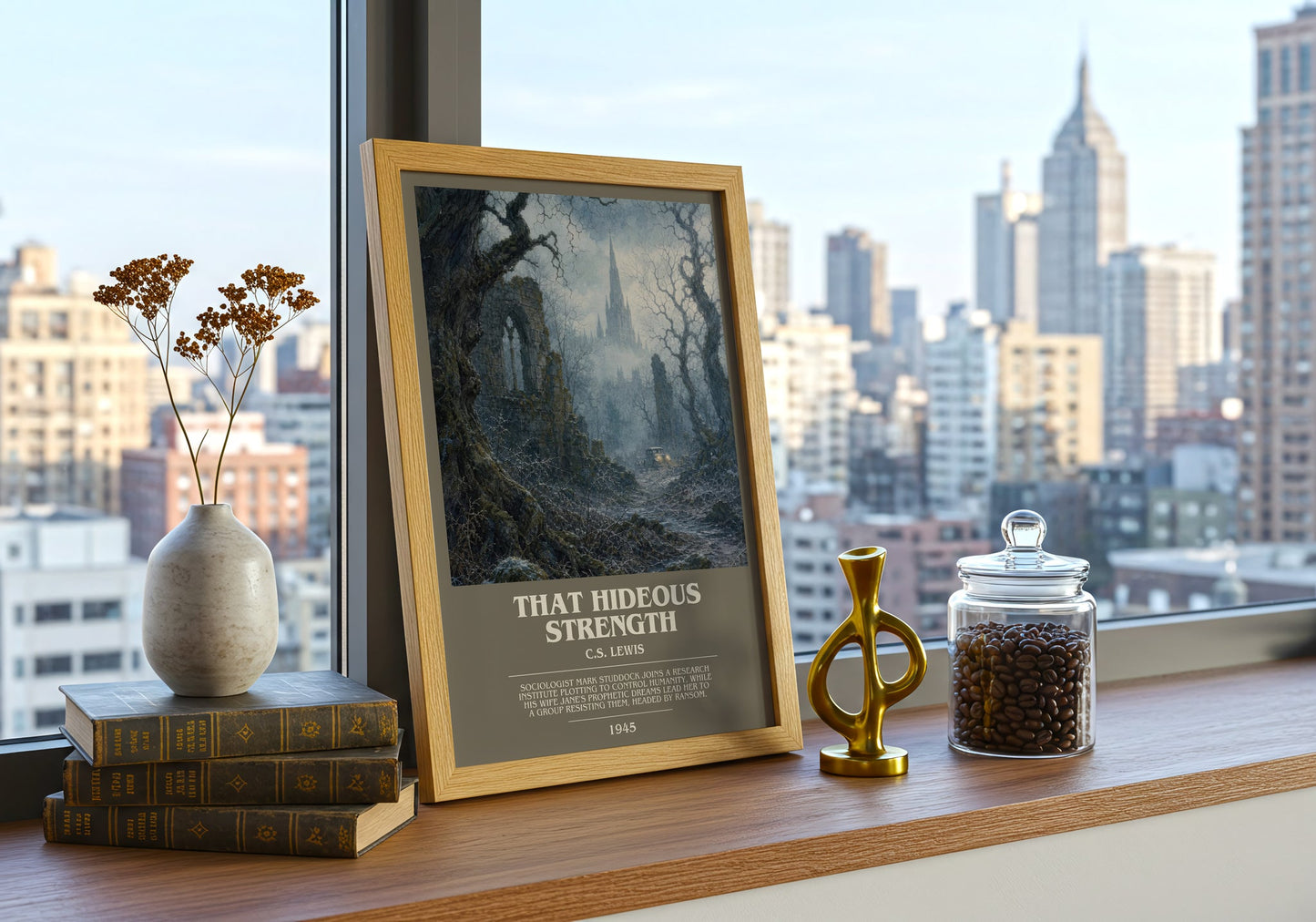 That Hideous Strength bookish print framed by window – literary home decor