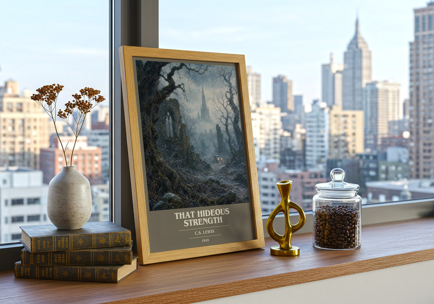 That Hideous Strength book cover print framed by window – literary home decor