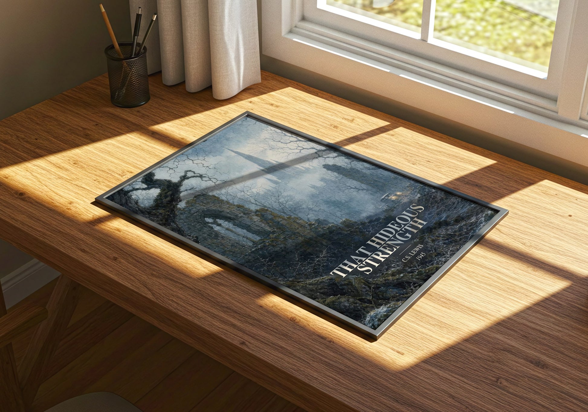 That Hideous Strength watercolour book poster framed on wall – sci fi wall art