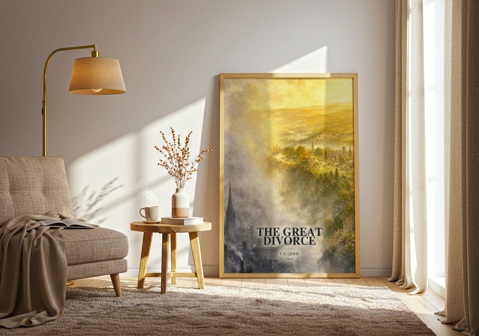 The Great Divorce watercolour print in frame leaning in hallway – fantasy wall art