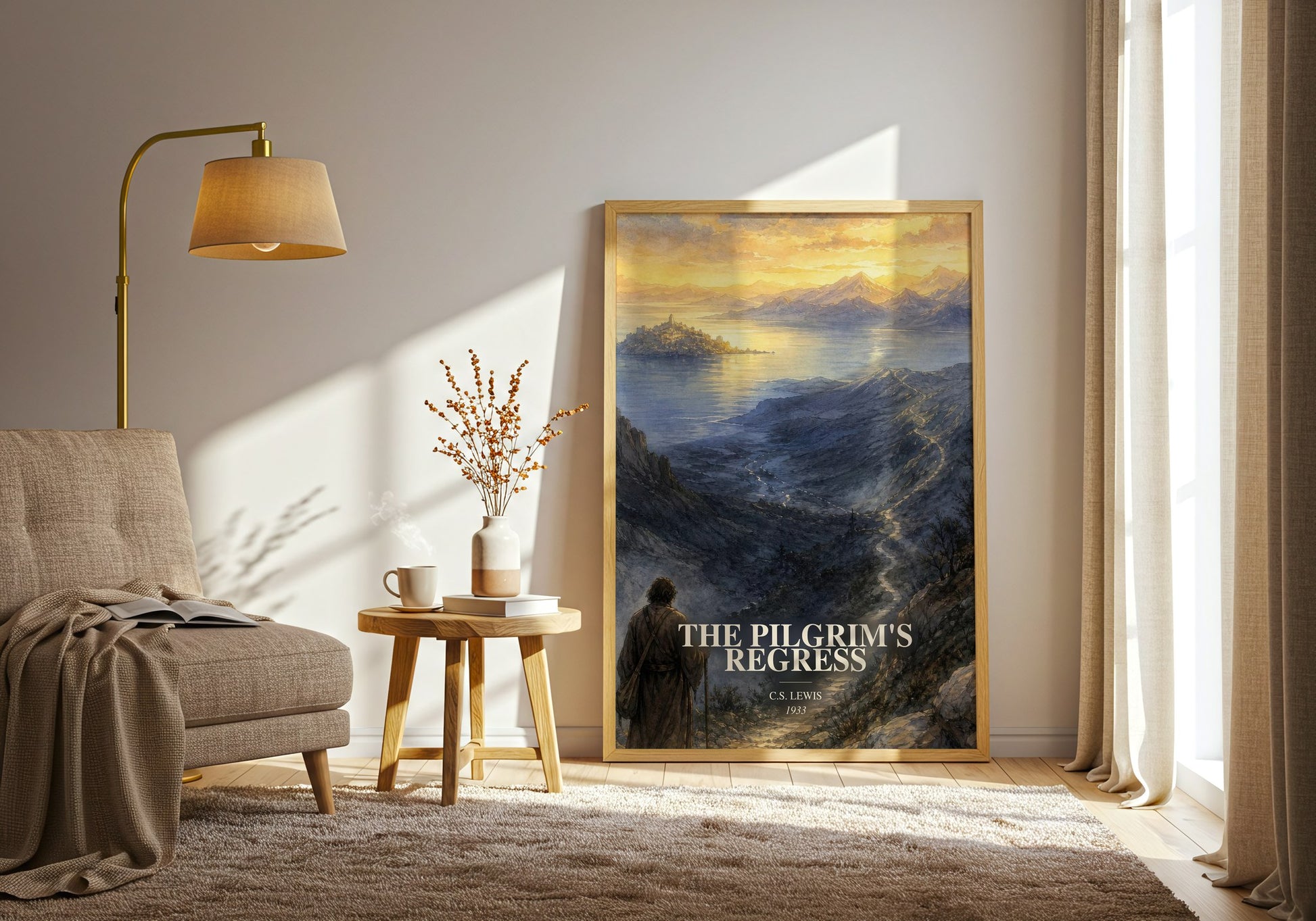 The Pilgrim'S Regress watercolour print in frame leaning in hallway – philosophy wall art