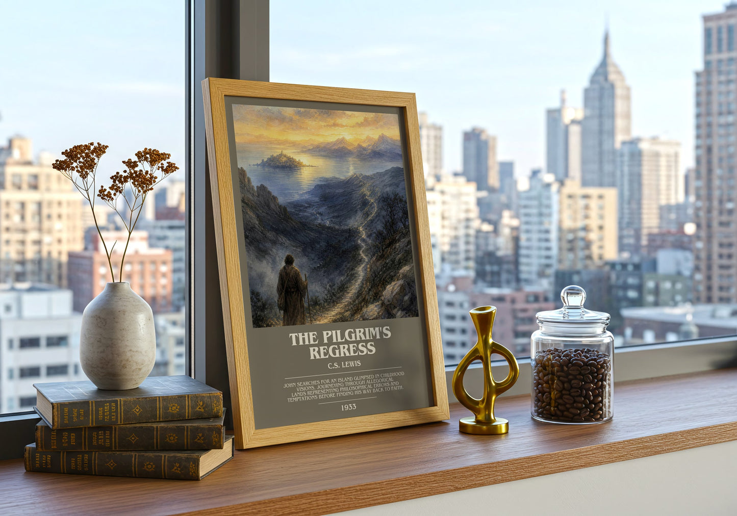 The Pilgrim'S Regress bookish print framed by window – literary home decor
