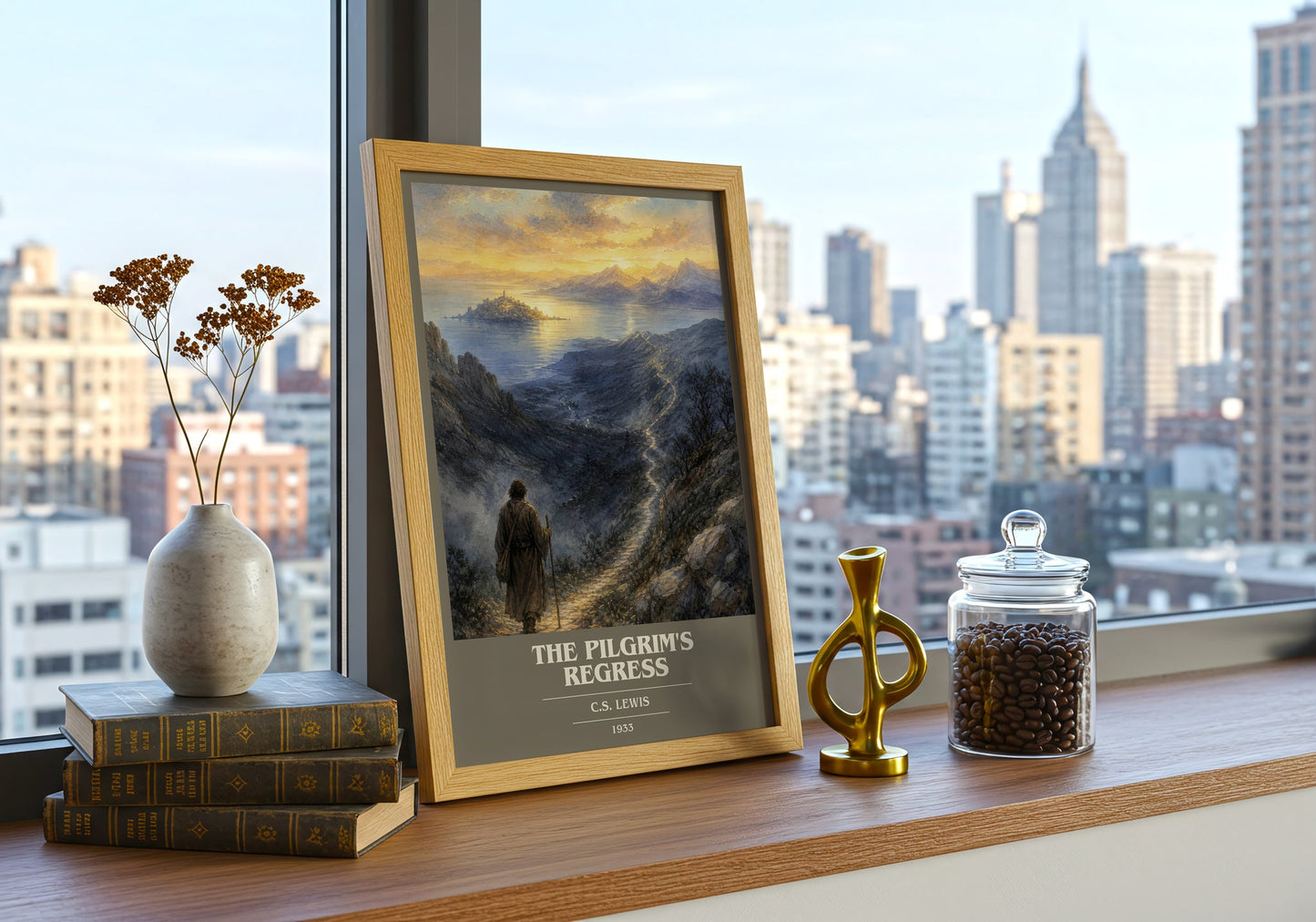 The Pilgrim'S Regress book cover print framed by window – literary home decor