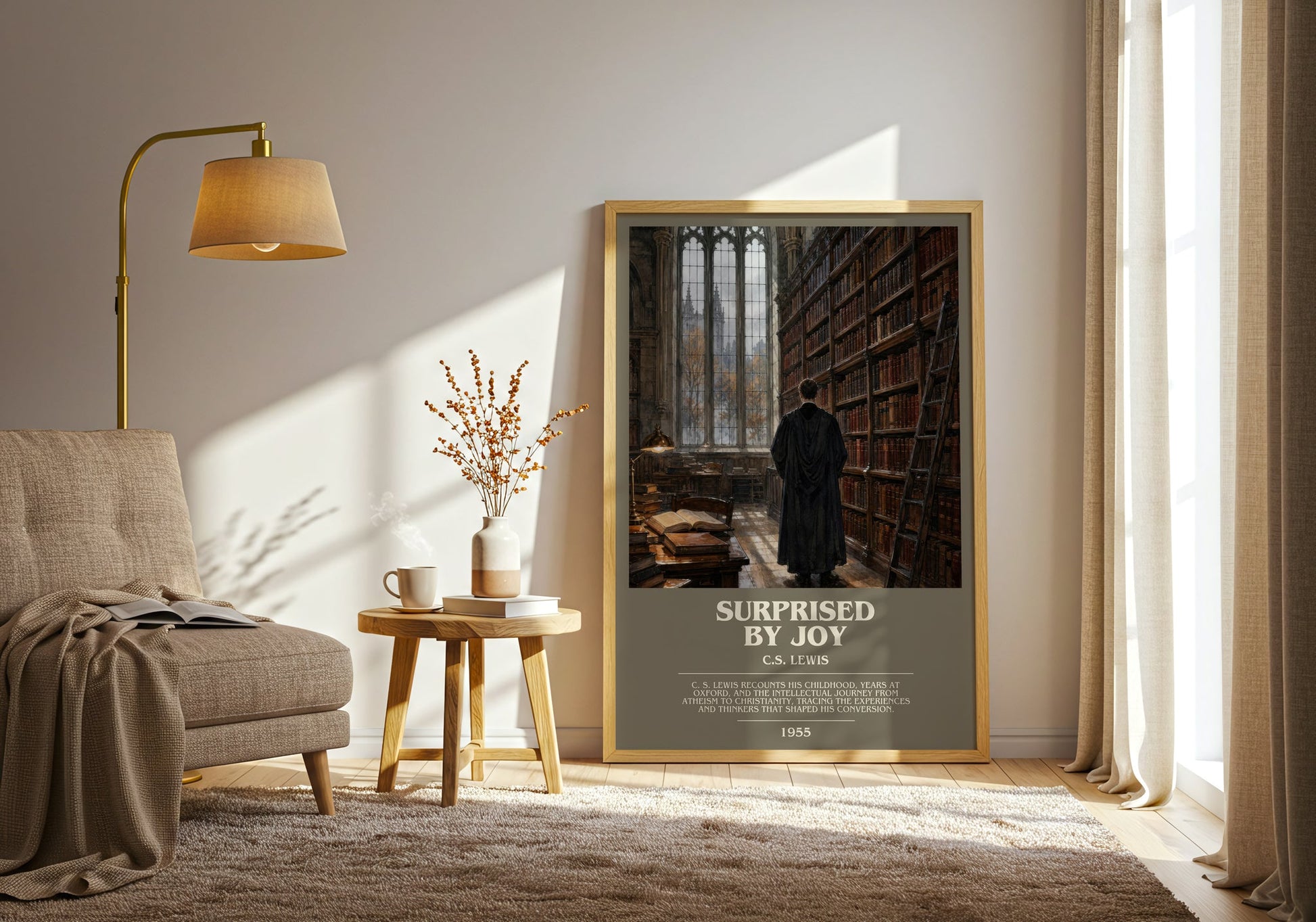 Surprised By Joy bookish print on bookshelf – C.S. Lewis fan gift