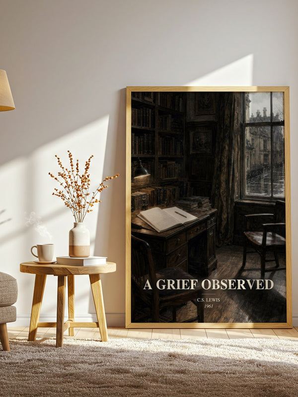 A Grief Observed watercolour print in frame leaning in hallway – memoir wall art