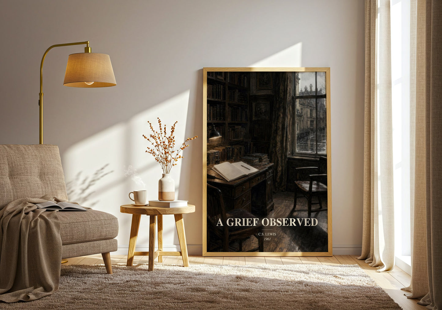 A Grief Observed watercolour print in frame leaning in hallway – memoir wall art