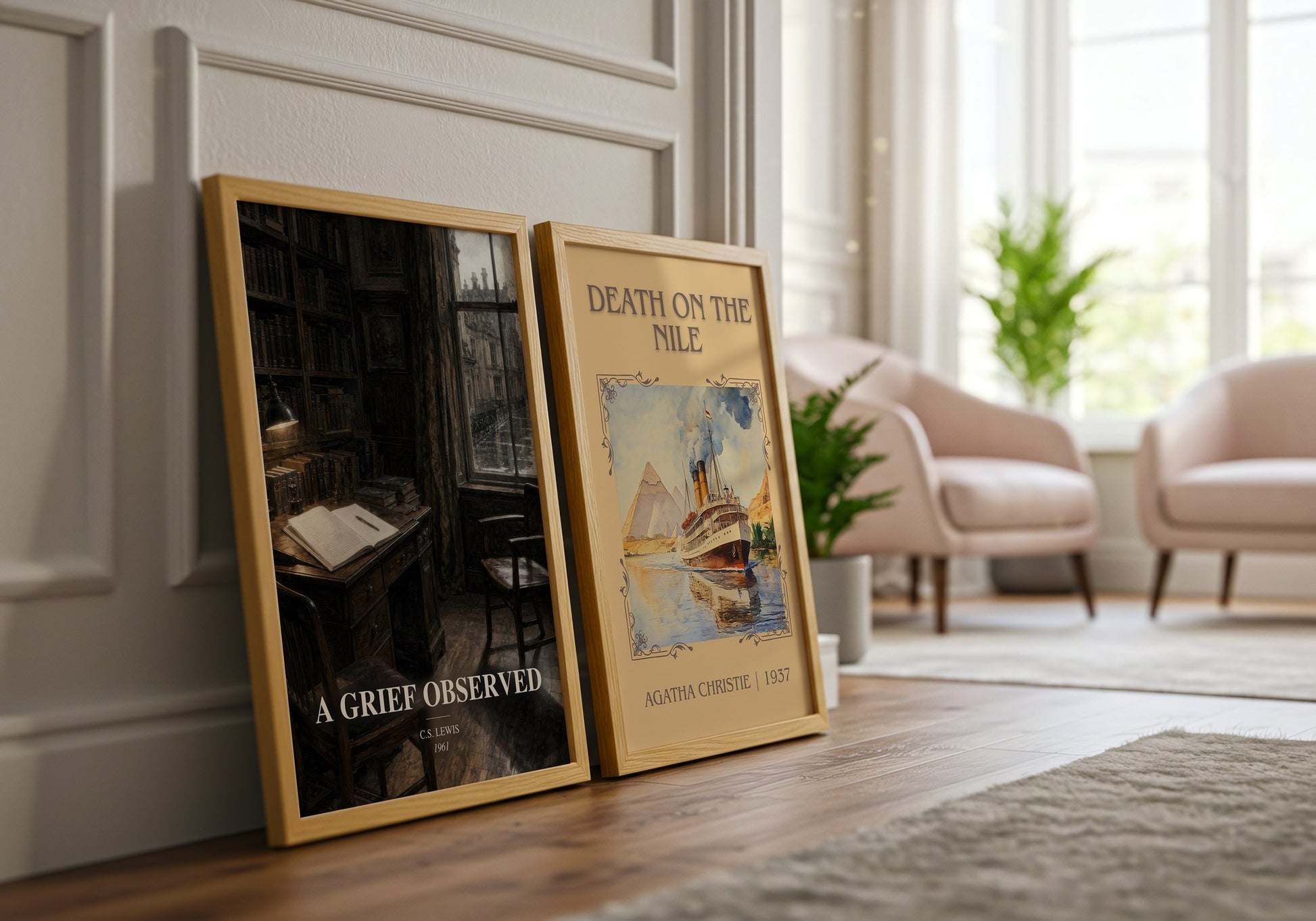 A Grief Observed watercolour print framed by window – literary home decor