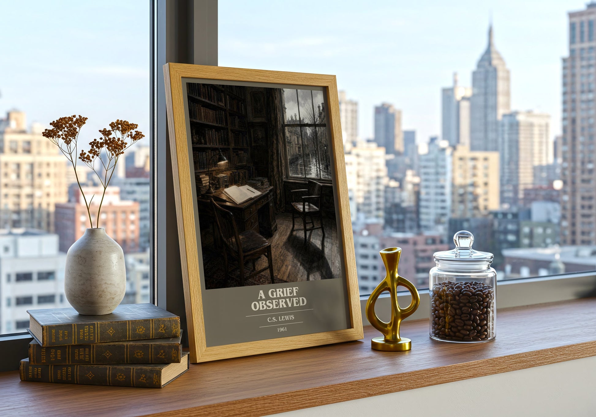 A Grief Observed book cover print framed by window – literary home decor