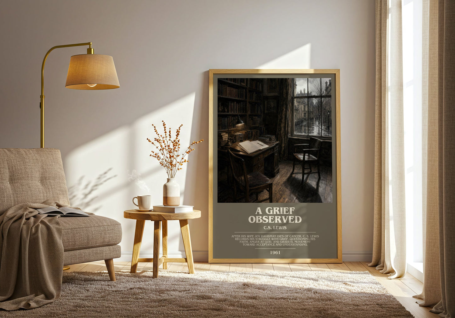 A Grief Observed bookish print on bookshelf – C.S. Lewis fan gift