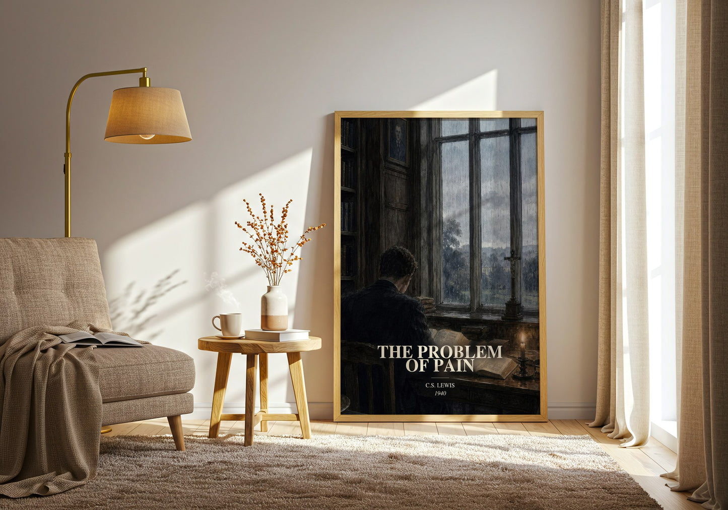 The Problem Of Pain watercolour print in frame leaning in hallway – philosophy wall art