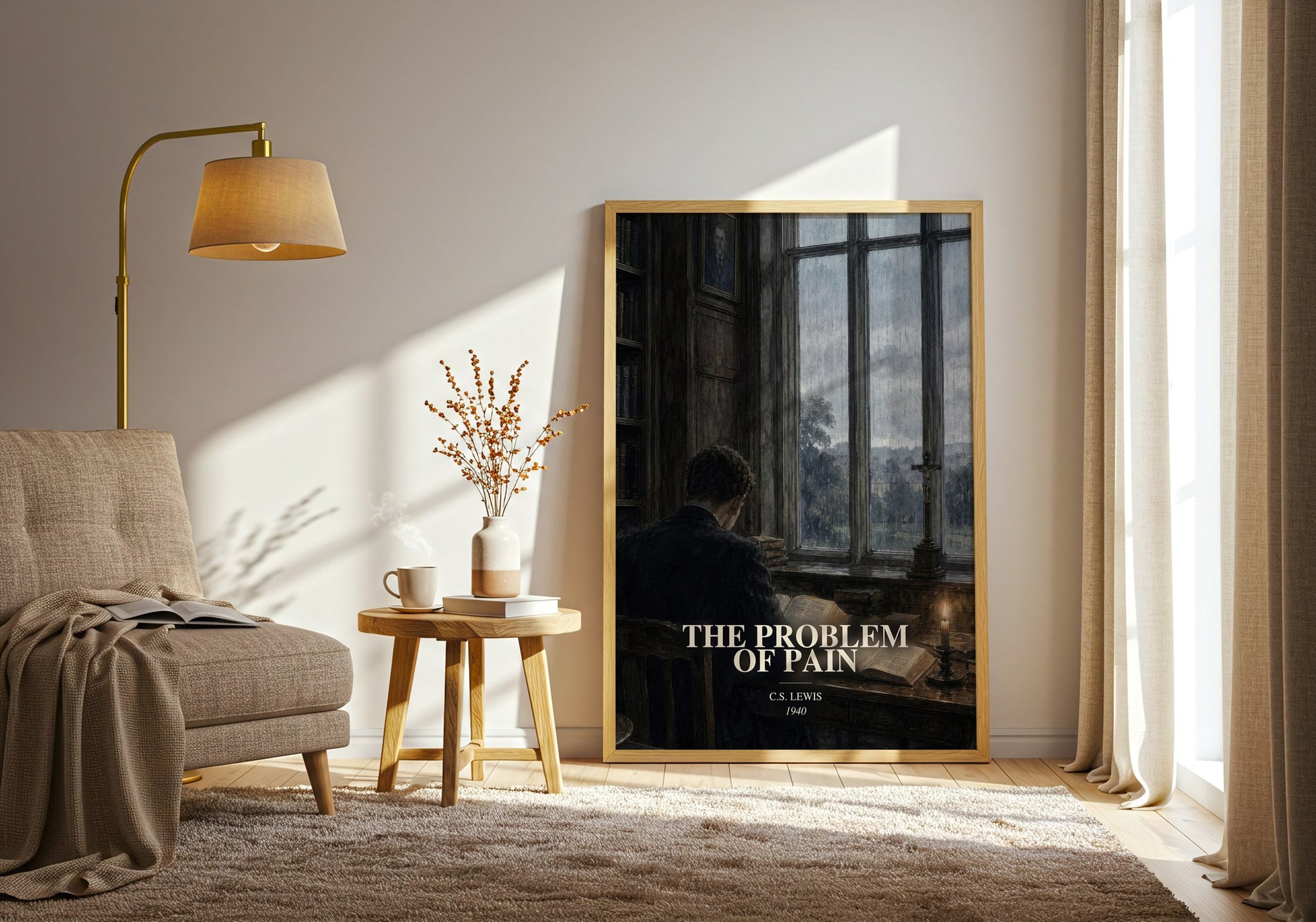 The Problem Of Pain watercolour print in frame leaning in hallway – philosophy wall art