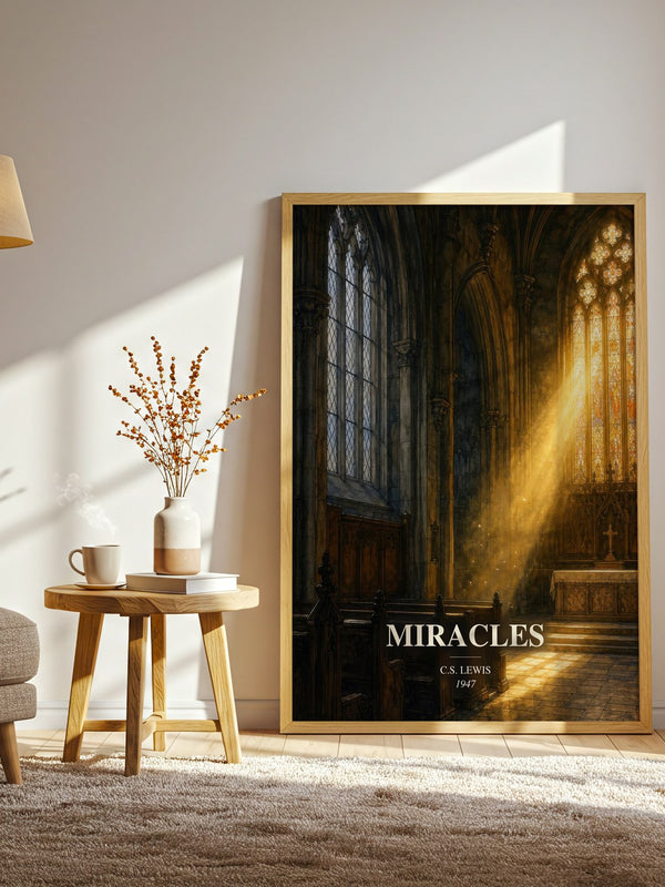 Miracles watercolour print in frame leaning in hallway – philosophy wall art