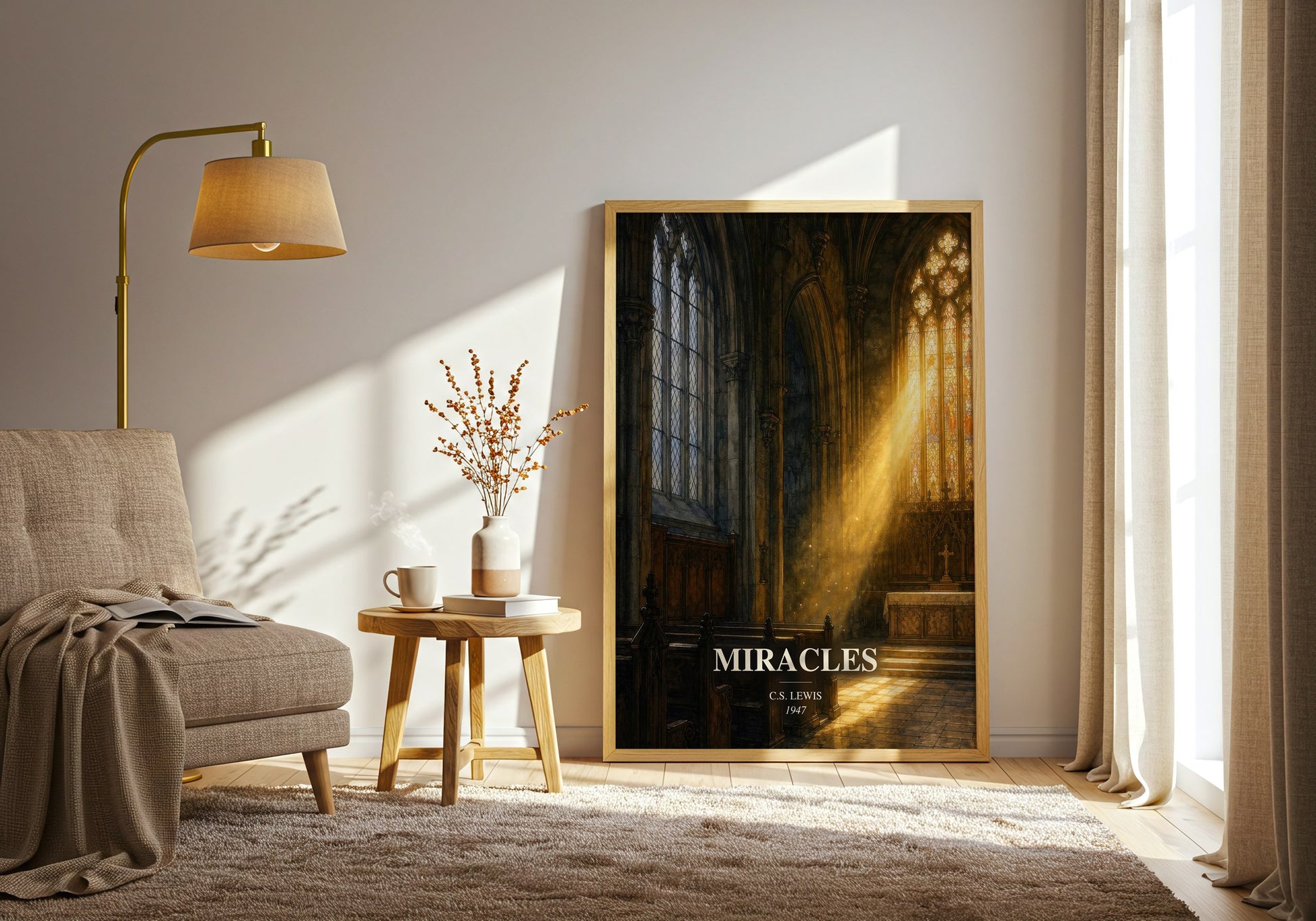 Miracles watercolour print in frame leaning in hallway – philosophy wall art