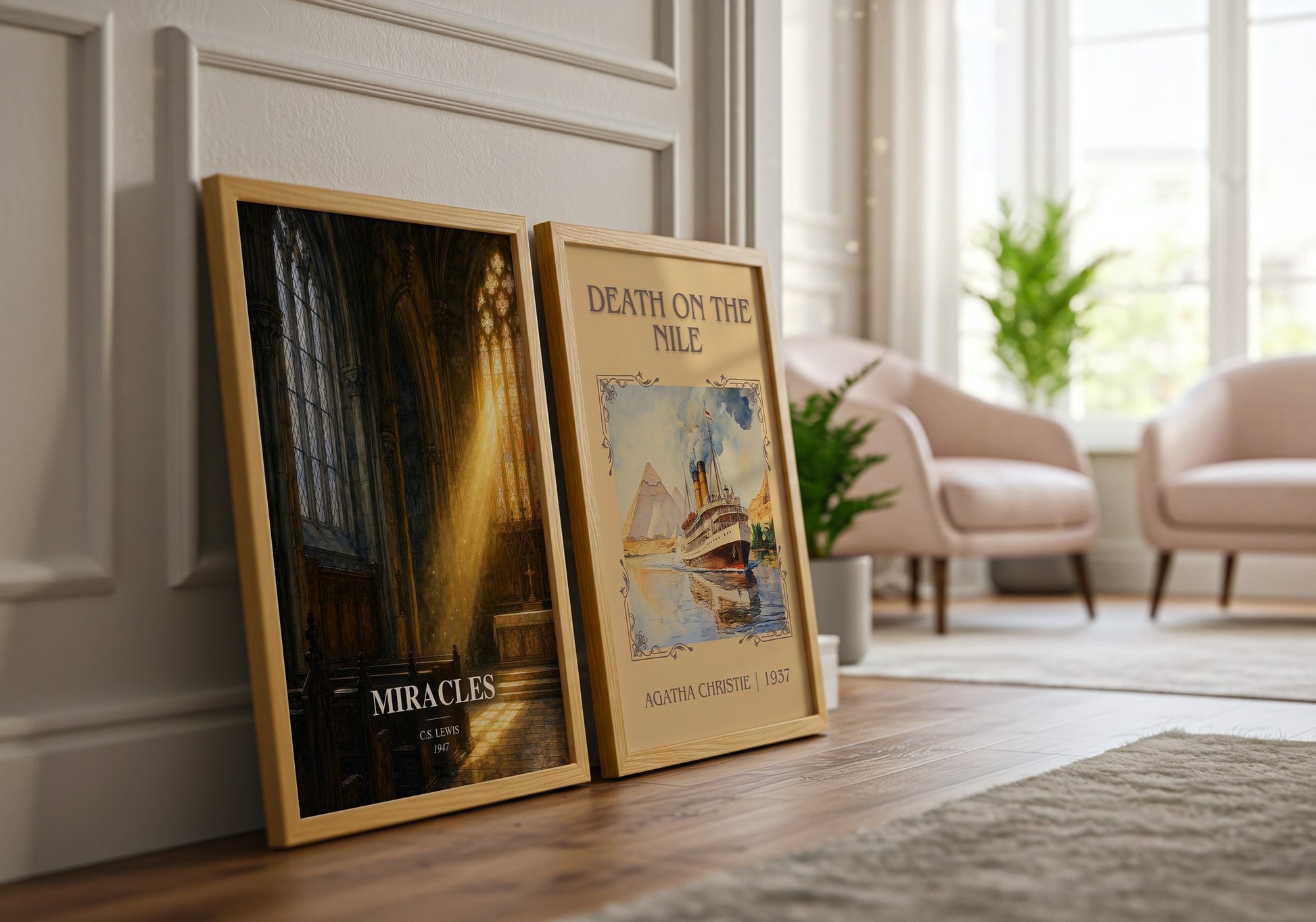 Miracles watercolour print framed by window – literary home decor