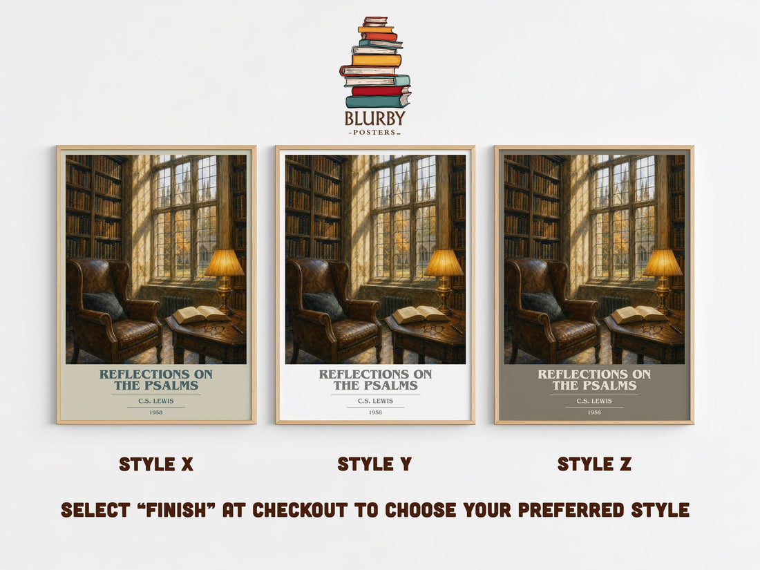 Reflections On The Psalms book cover print in frame leaning in hallway – non fiction wall art (mockup)