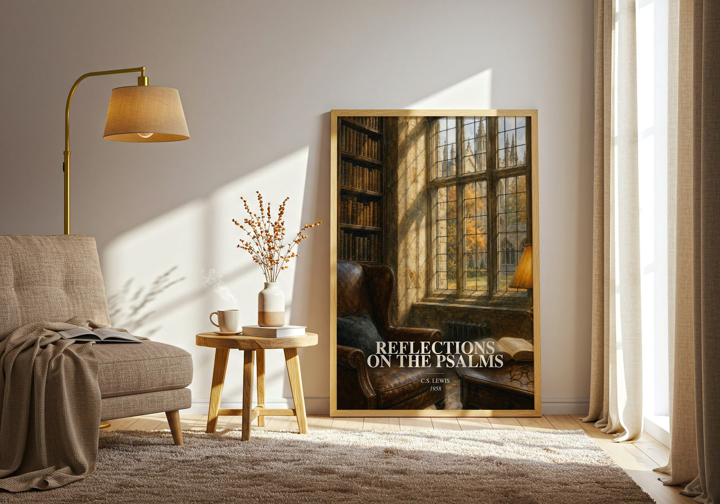 Reflections On The Psalms watercolour print in frame leaning in hallway – non fiction wall art