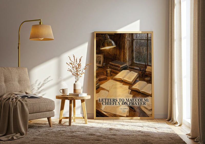 Letters To Malcolm: Chiefly On Prayer watercolour print in frame leaning in hallway – philosophy wall art