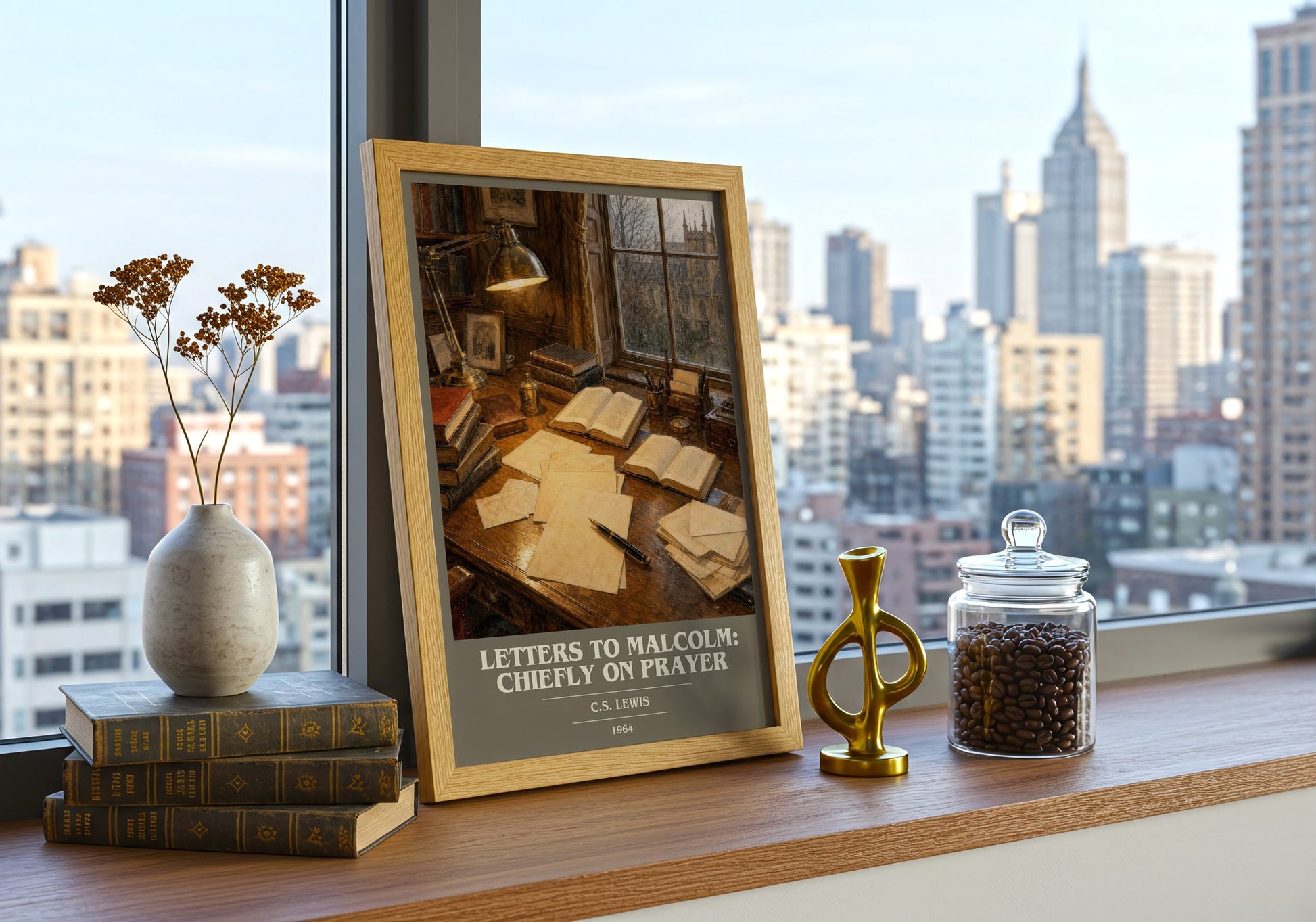 Letters To Malcolm: Chiefly On Prayer book cover print framed by window – literary home decor