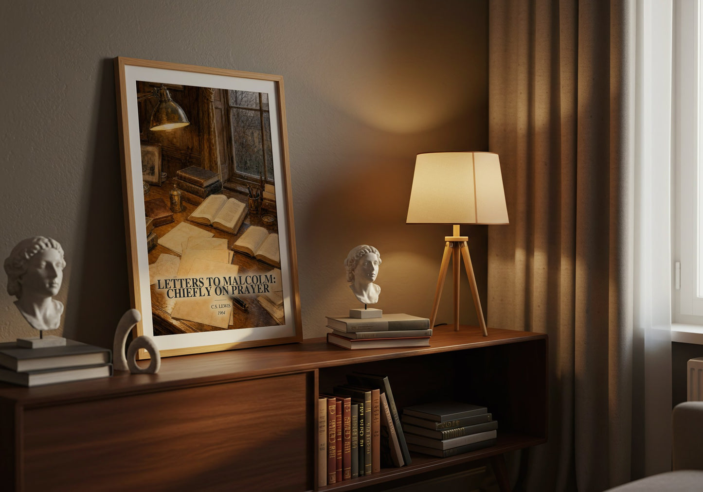 Letters To Malcolm: Chiefly On Prayer watercolour print on bookshelf – C.S. Lewis fan gift