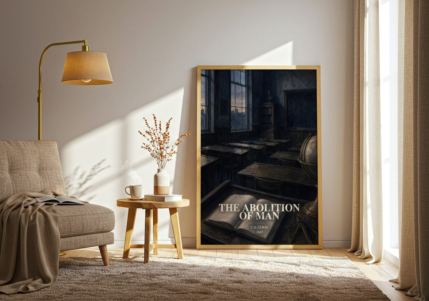 The Abolition Of Man watercolour print in frame leaning in hallway – philosophy wall art
