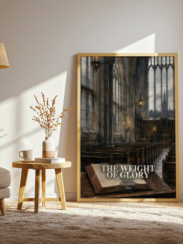 The Weight Of Glory watercolour print in frame leaning in hallway – non fiction wall art