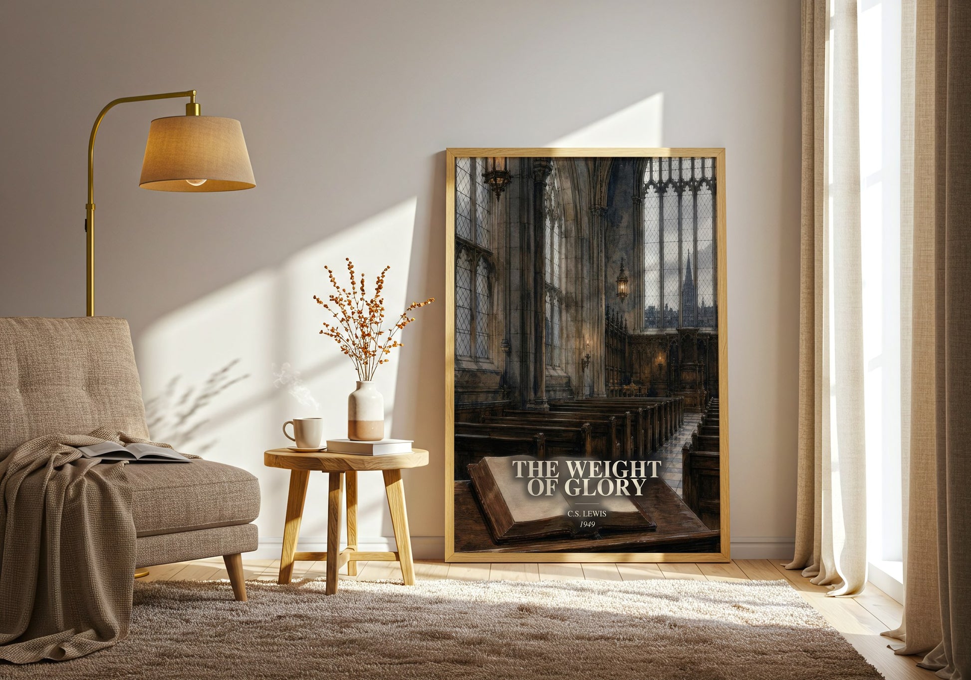 The Weight Of Glory watercolour print in frame leaning in hallway – non fiction wall art