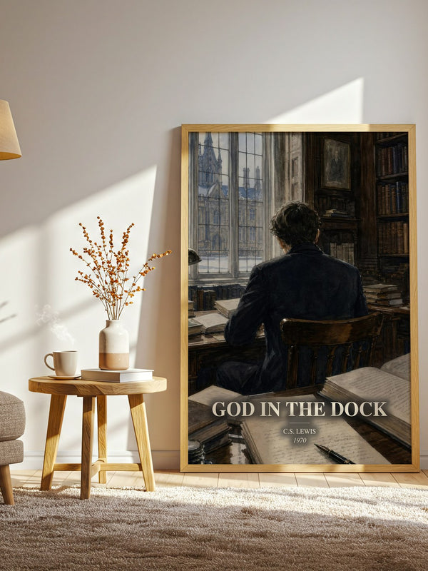 God In The Dock watercolour print in frame leaning in hallway – non fiction wall art