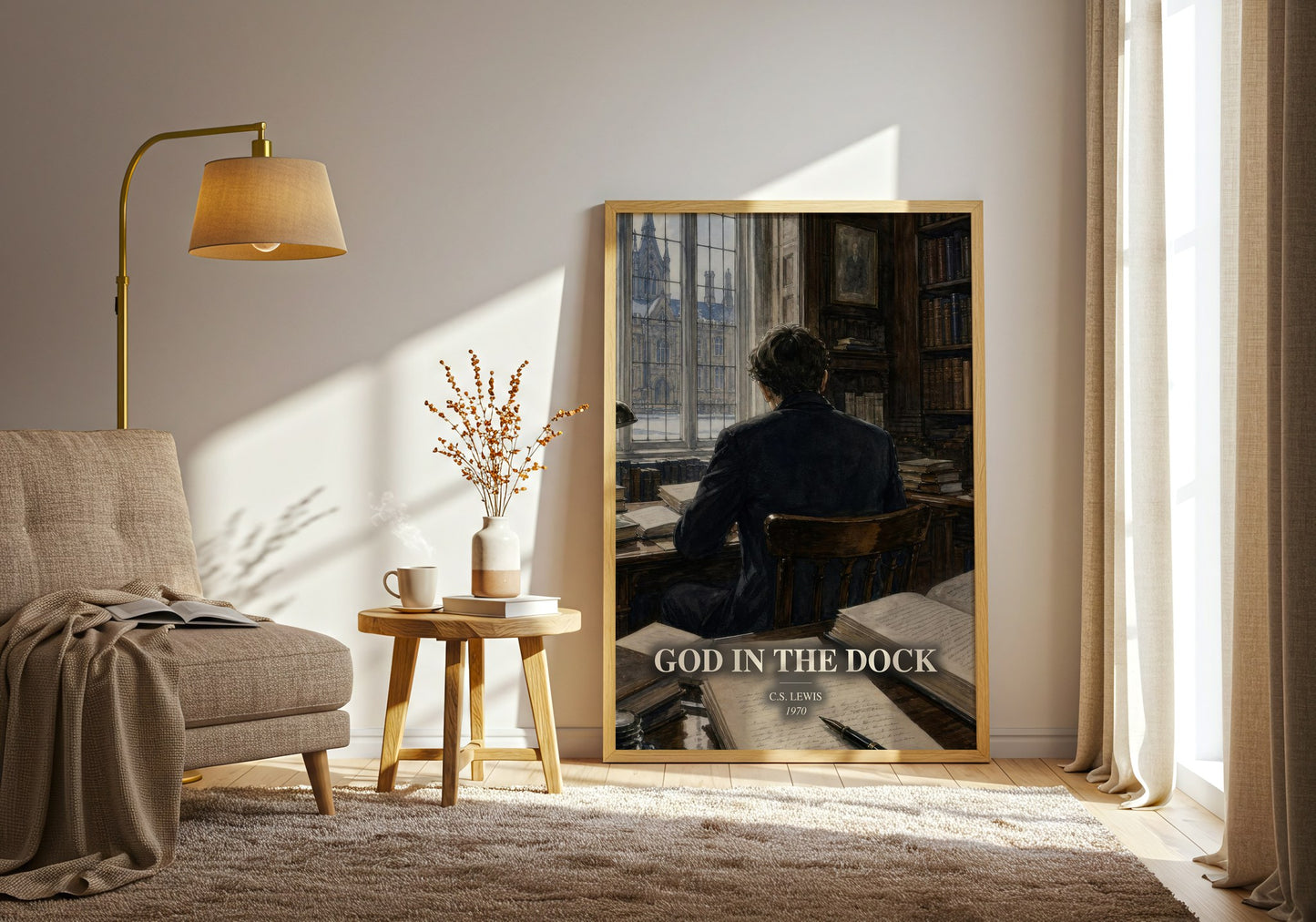 God In The Dock watercolour print in frame leaning in hallway – non fiction wall art