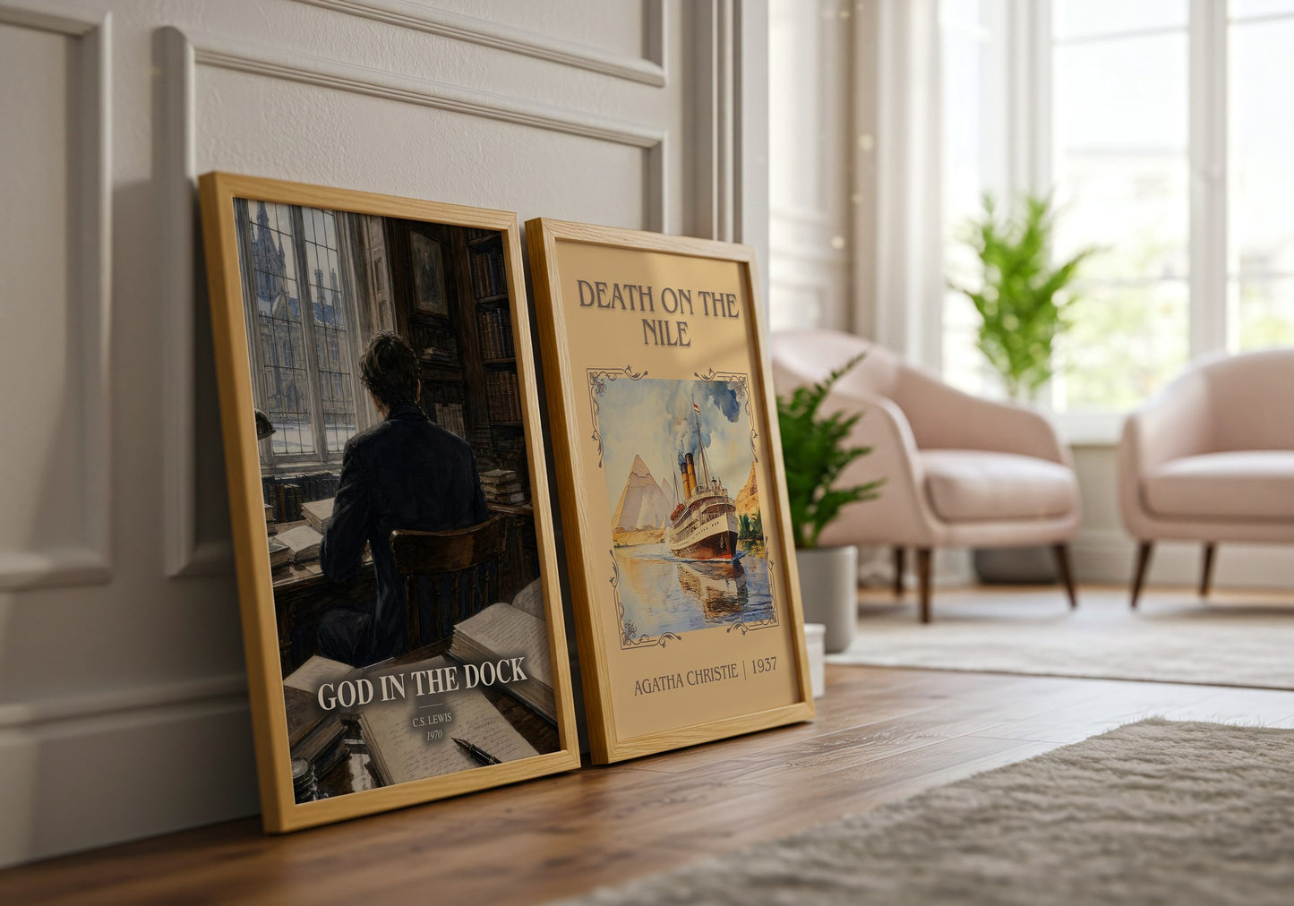 God In The Dock watercolour print framed by window – literary home decor
