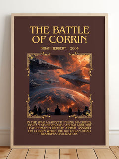The Battle of Corrin Minimalist Book Poster by Brian Herbert – framed print leaning on a wooden floor
