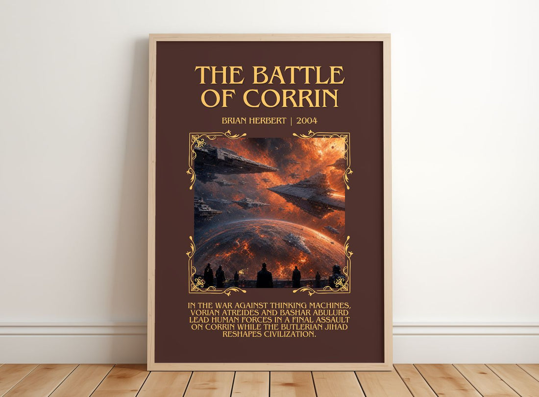 The Battle of Corrin Minimalist Book Poster by Brian Herbert – framed print leaning on a wooden floor