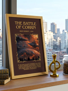 The Battle of Corrin Minimalist Book Poster by Brian Herbert – framed print on a city-view windowsill