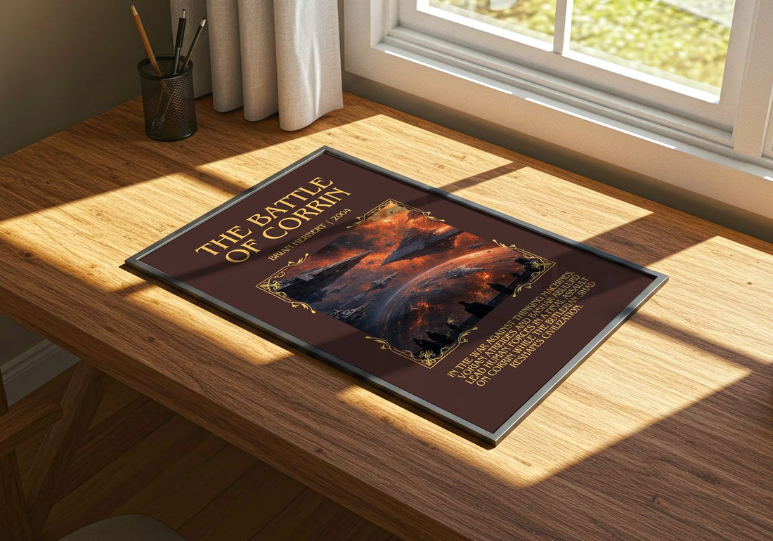 The Battle of Corrin Minimalist Book Poster by Brian Herbert – print on a sunlit desk