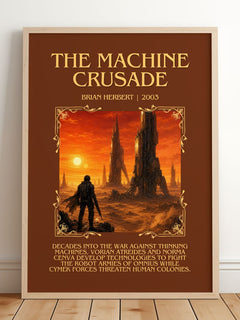 The Machine Crusade Minimalist Book Poster by Brian Herbert – framed print leaning on a wooden floor