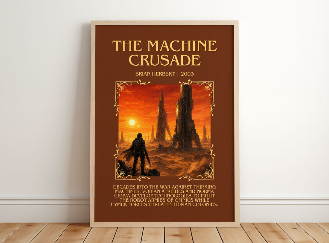 The Machine Crusade Minimalist Book Poster by Brian Herbert – framed print leaning on a wooden floor