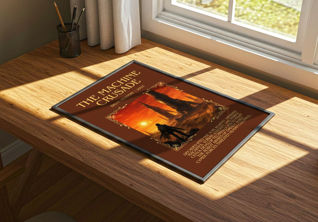 The Machine Crusade Minimalist Book Poster by Brian Herbert – print on a sunlit desk